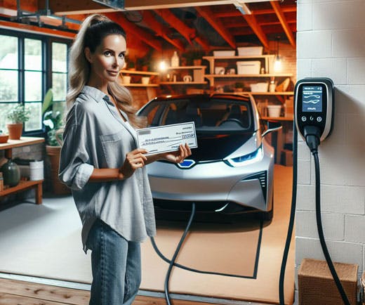 Woman holding check in garage with car and charger